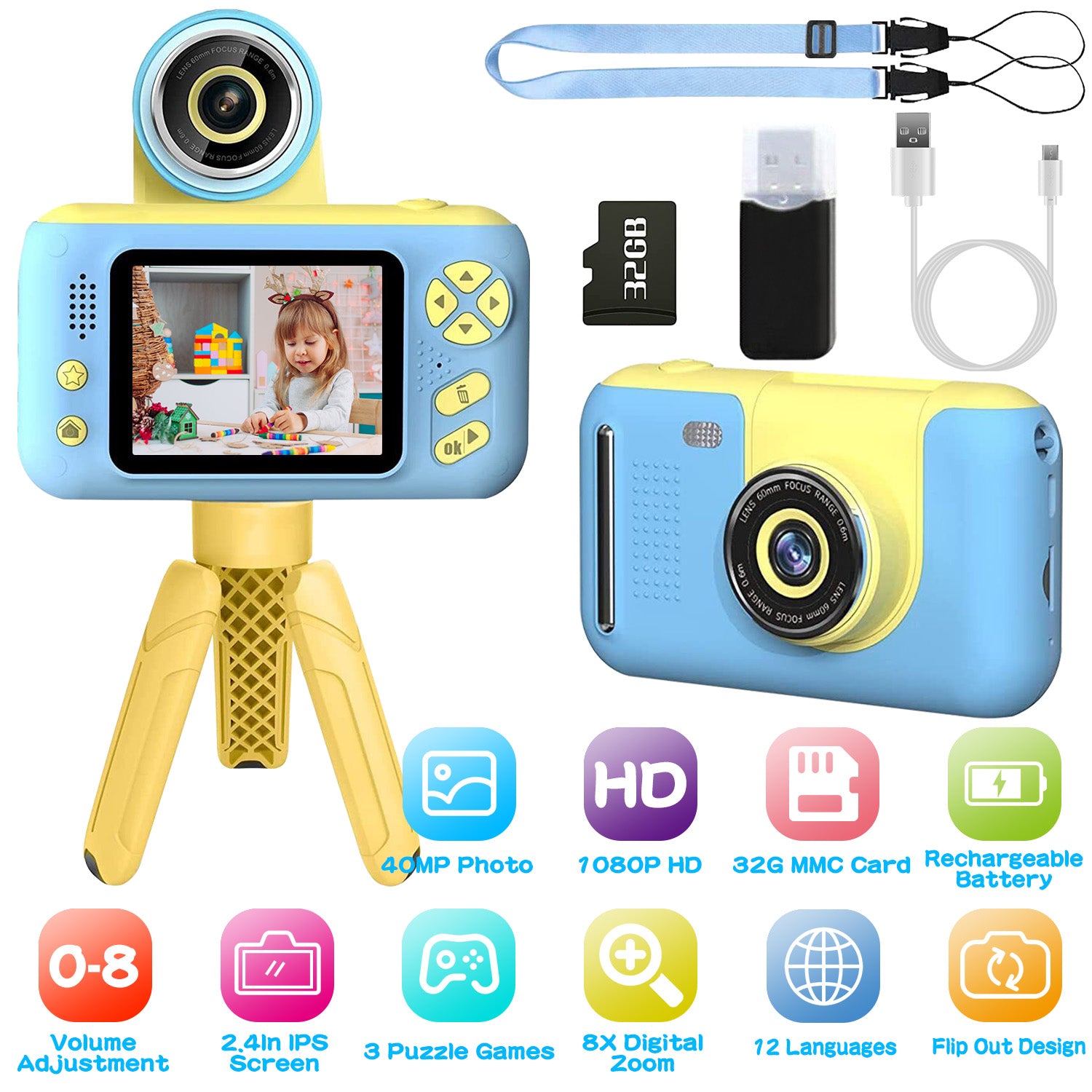 Kids Digital Camera Flip Lens HD Video Camcorder with Tripod