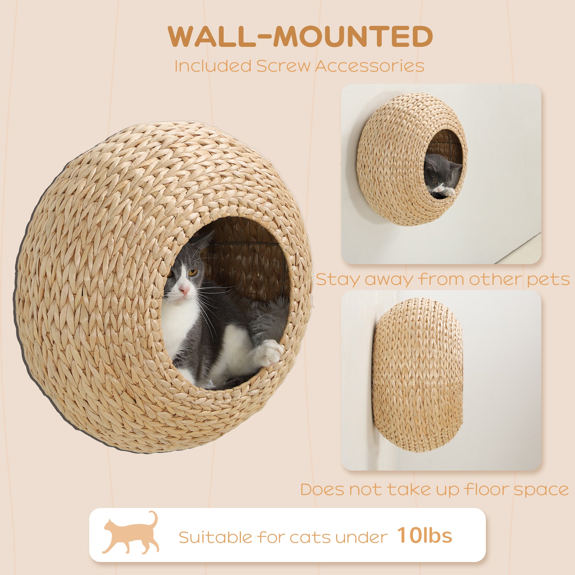 Wall Mounted Cat Condo with Washable Cushion – Natural Wood Floating Cat Bed