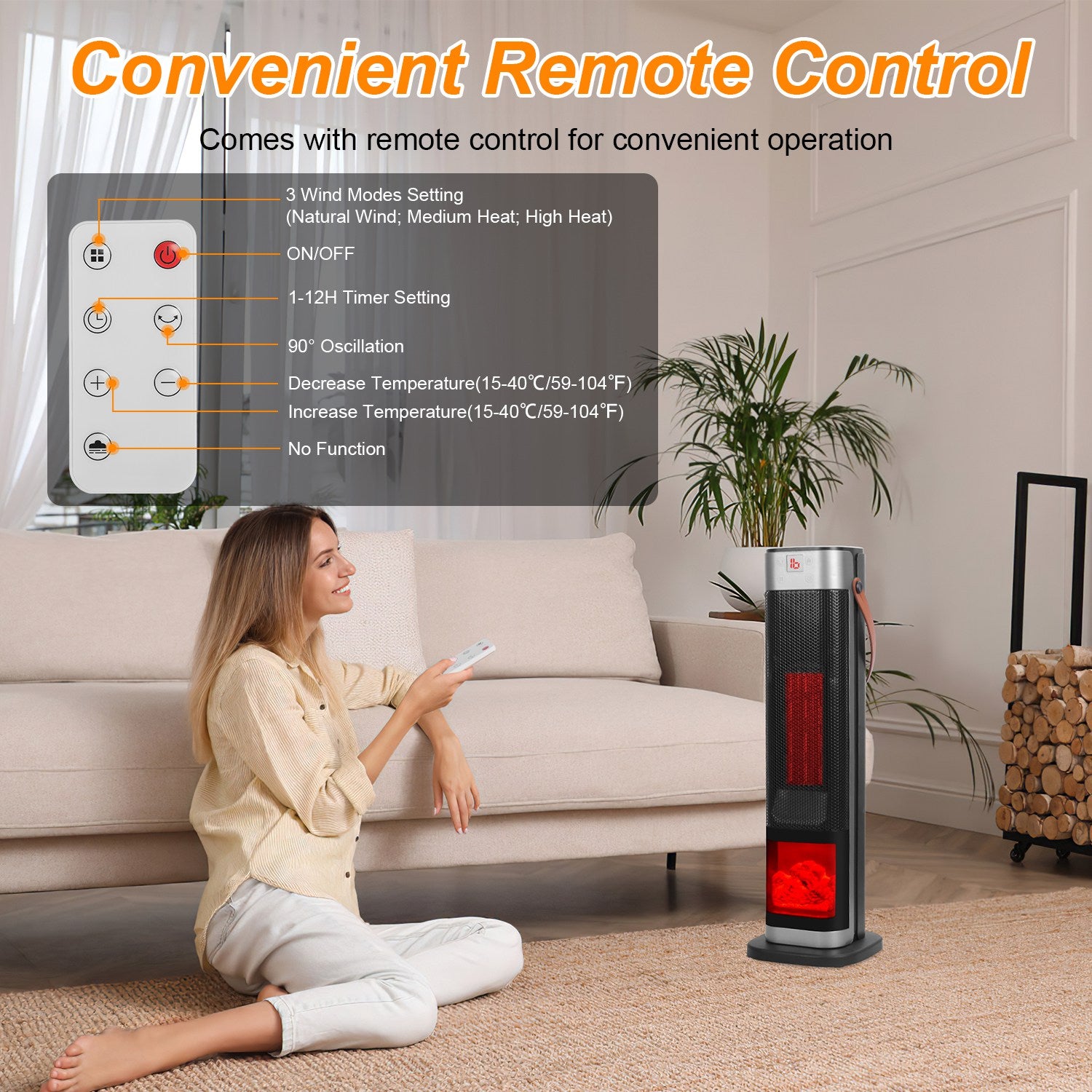 1500W Oscillating Tower Space Heater with Flame Remote Control