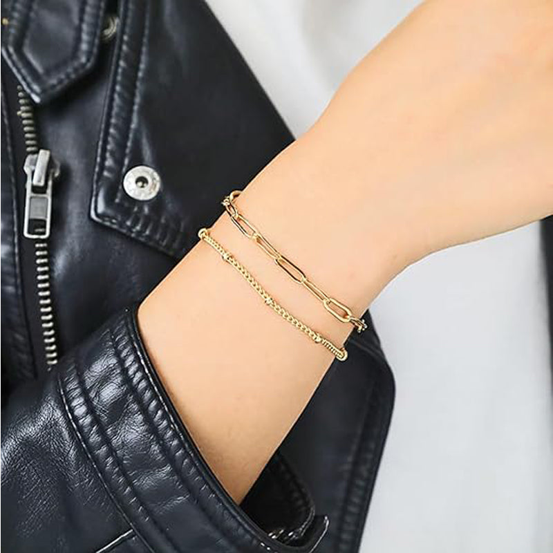 Luxury 14K Gold Layered Bracelet Evil Eye Charm Adjustable