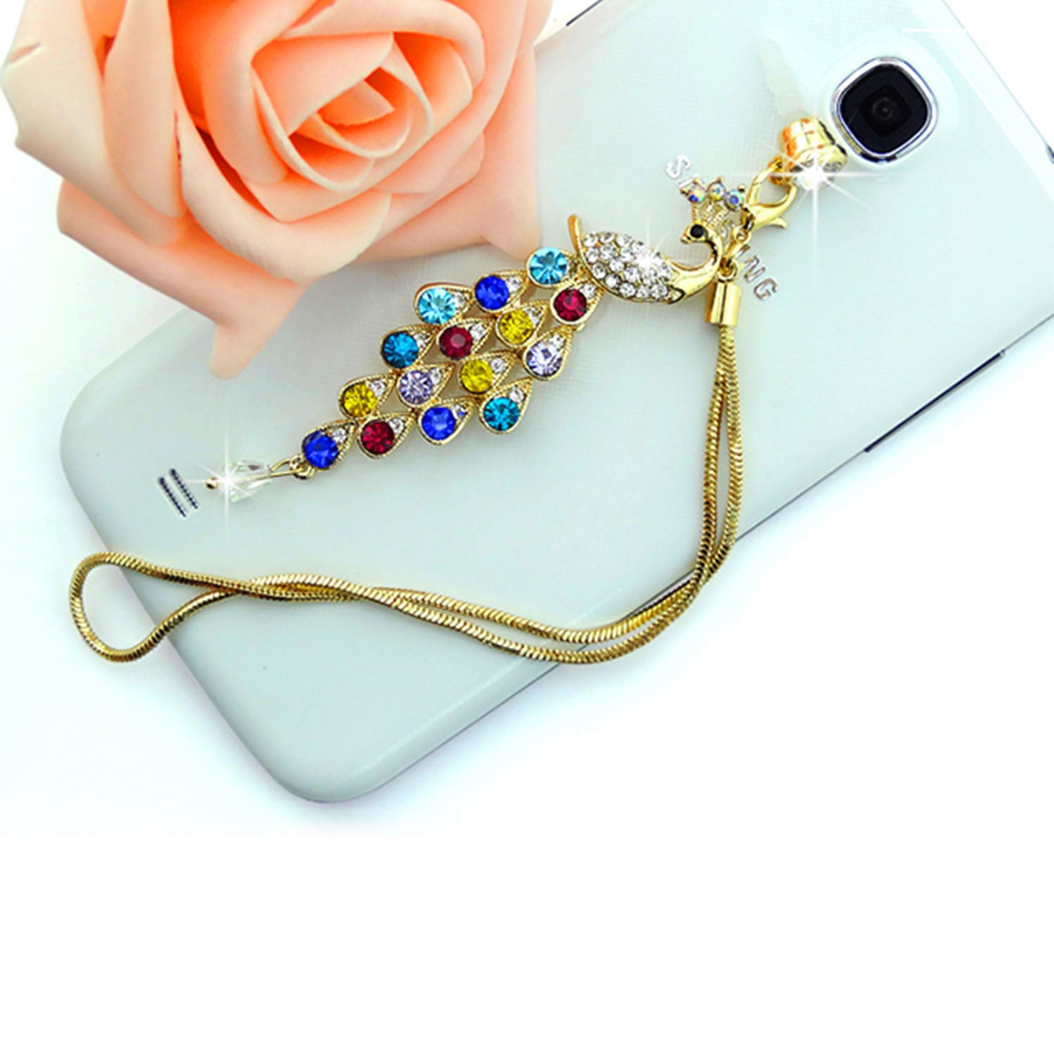 Crystal Diamond Peacock Phone Dust Cap 3.5mm Jack Pendant