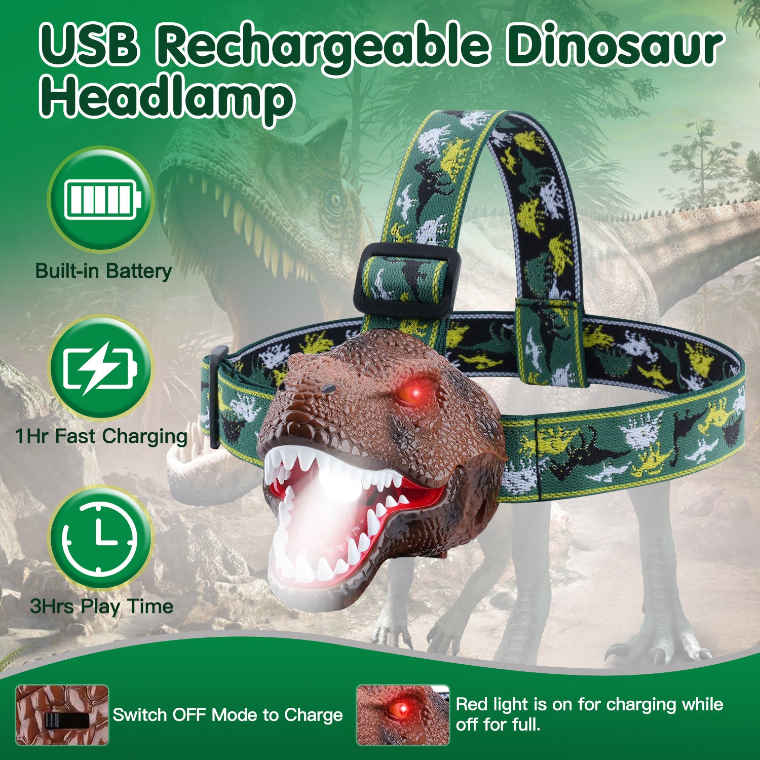Kids Dinosaur Headlamp LED Flashlight Roar Sound Fun Gift Light