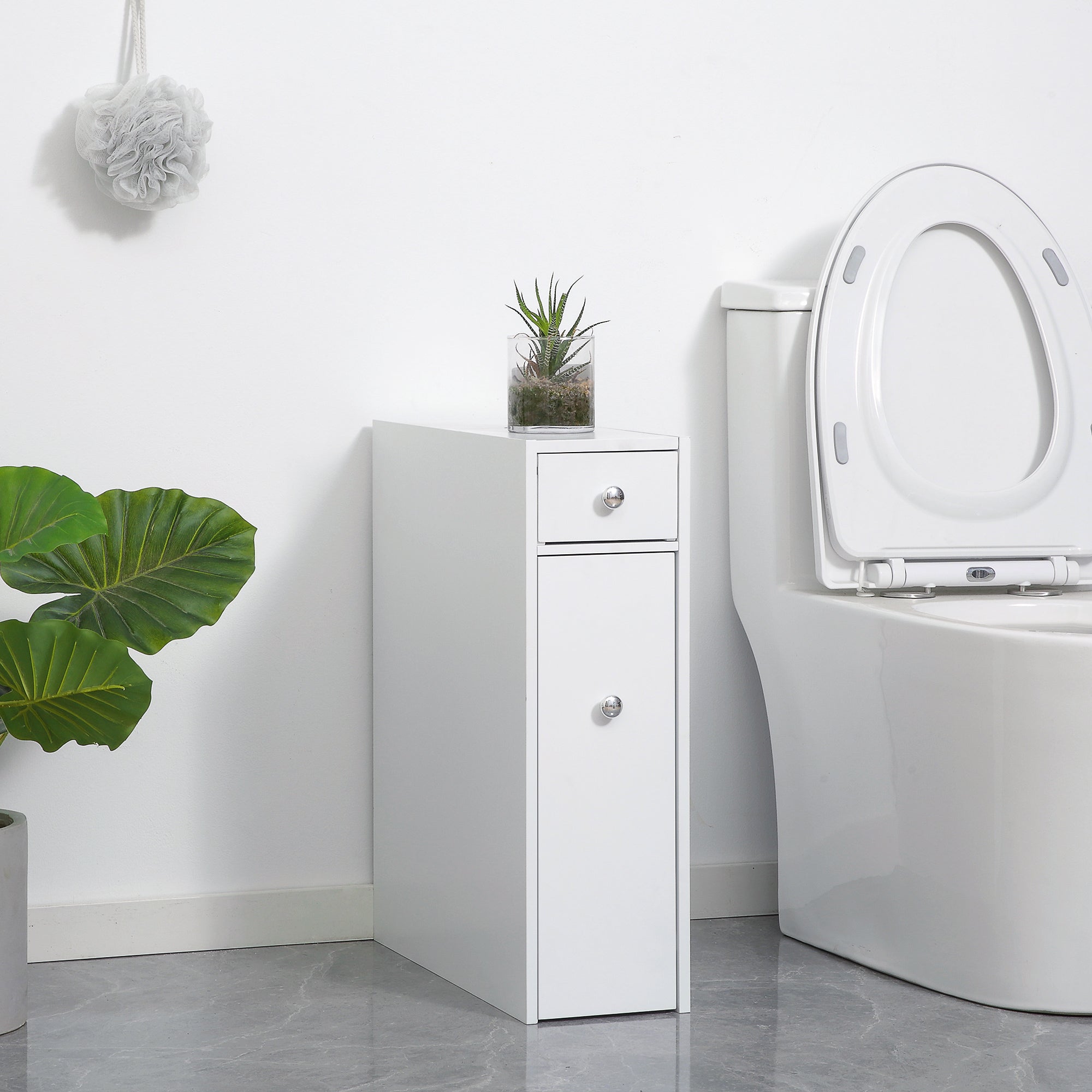 Narrow Bathroom Floor Organizer Cabinet with Drawers White