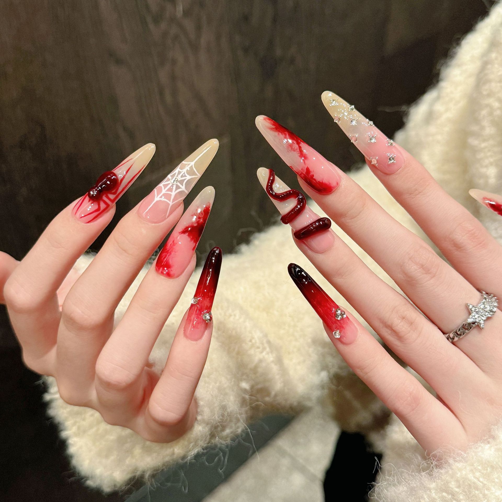 Long Chinese Style Red Press On Nails