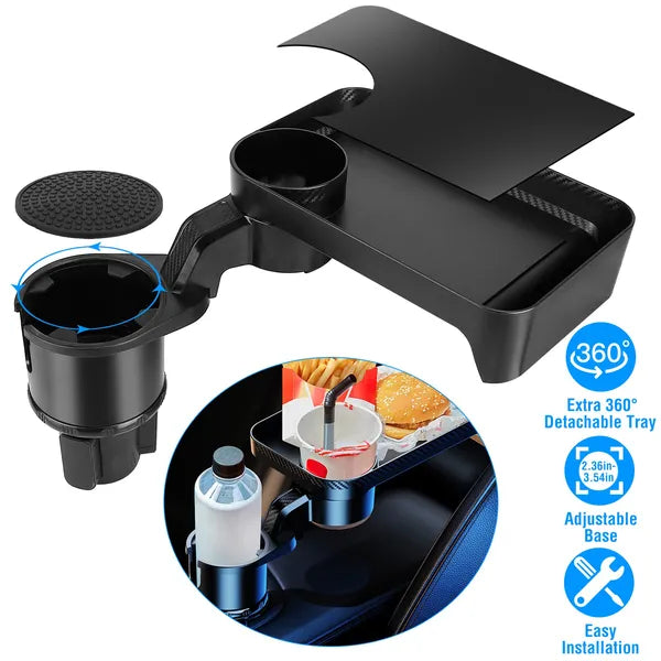 3-in-1 Car Cup Holder Expander with 360° Rotating Tray