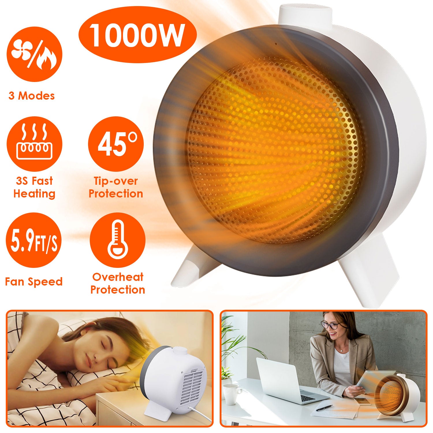 Portable Ceramic Space Heater 1000W Fast Heating Safety Fan