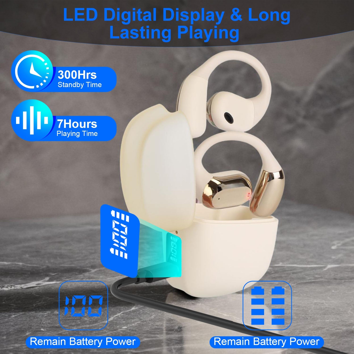Bluetooth 5.4 Open Ear Earbuds Earhook LED Case Waterproof Sport