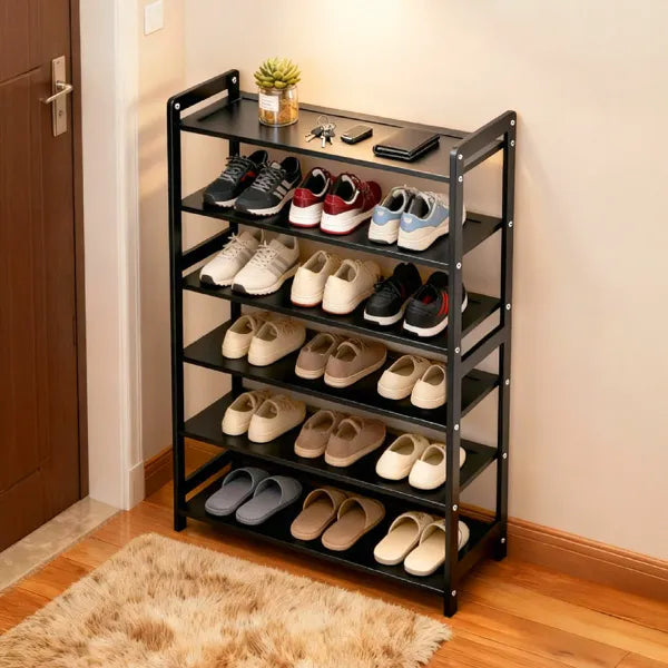 6 Layer Bamboo Shoe Rack Black 68x25x89cm Storage Shelf