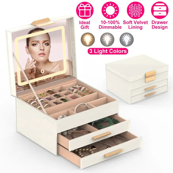 Jewelry Box with LED Mirror and 3 Layer Organizer