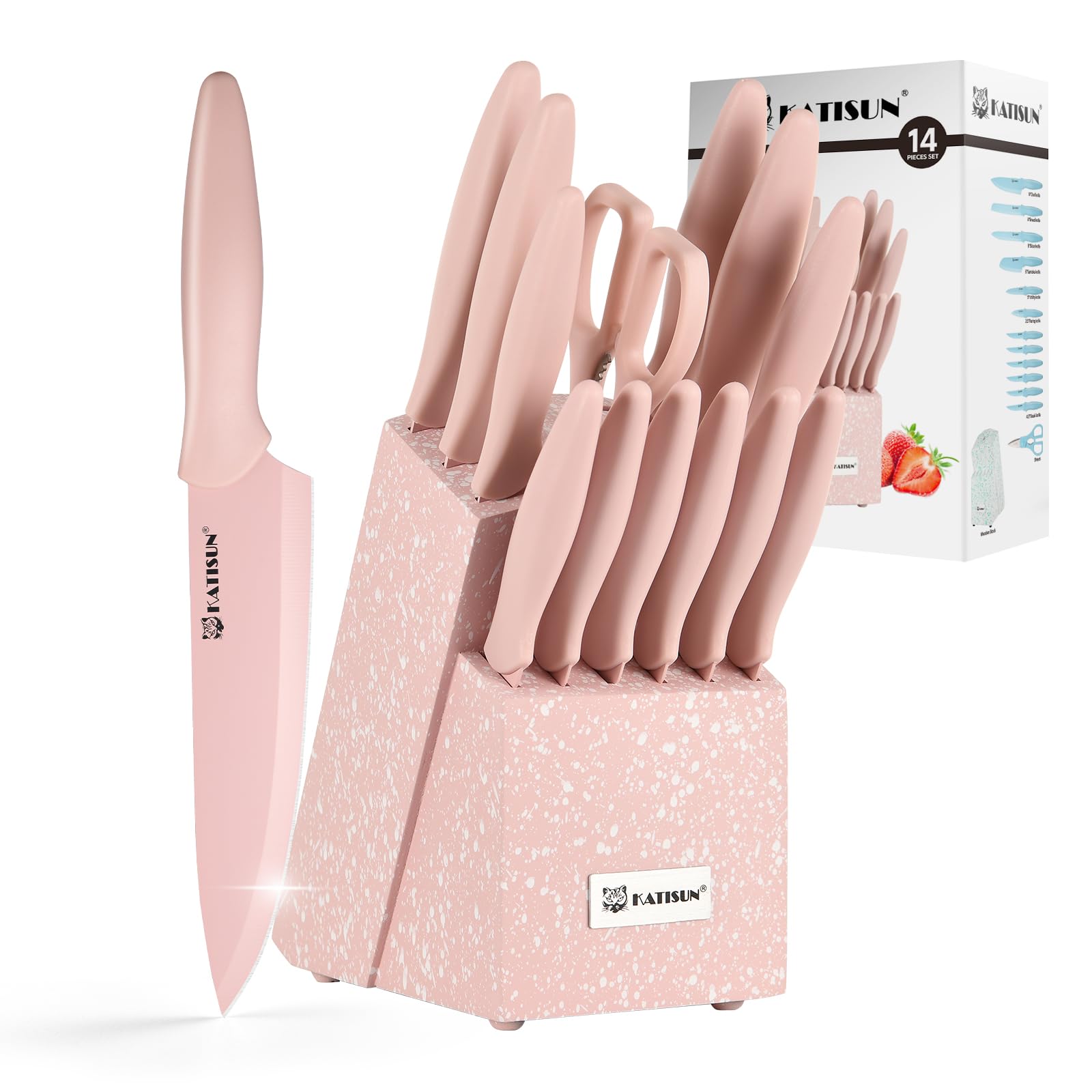 14 Piece Pink Kitchen Knife Set with Block Non Stick Steel Set