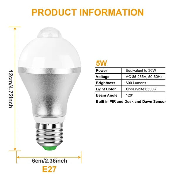 Smart Motion Sensor LED Bulb Dusk to Dawn Energy Saving Light