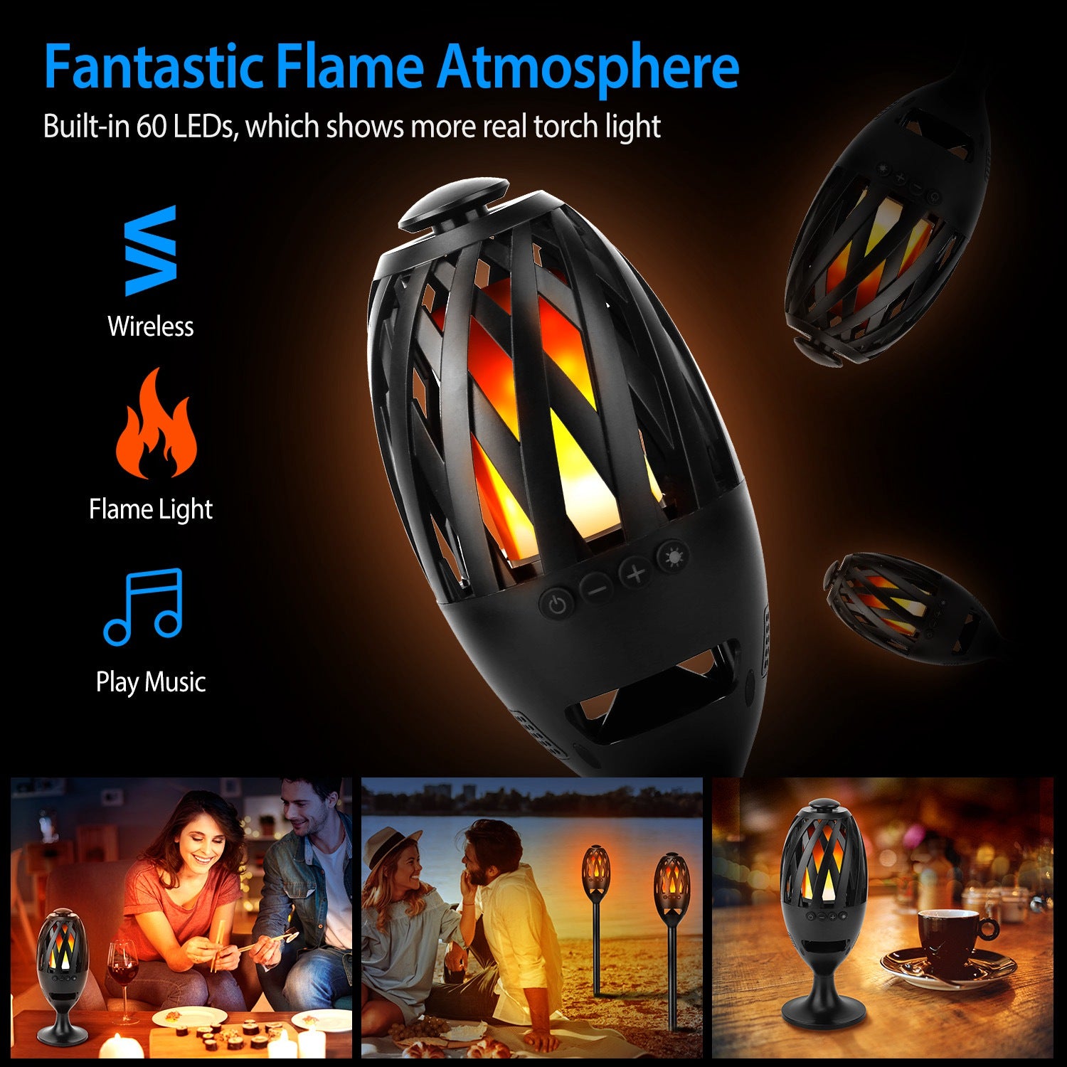 LED Flame Bluetooth Speaker Waterproof Outdoor Torch Light Bass