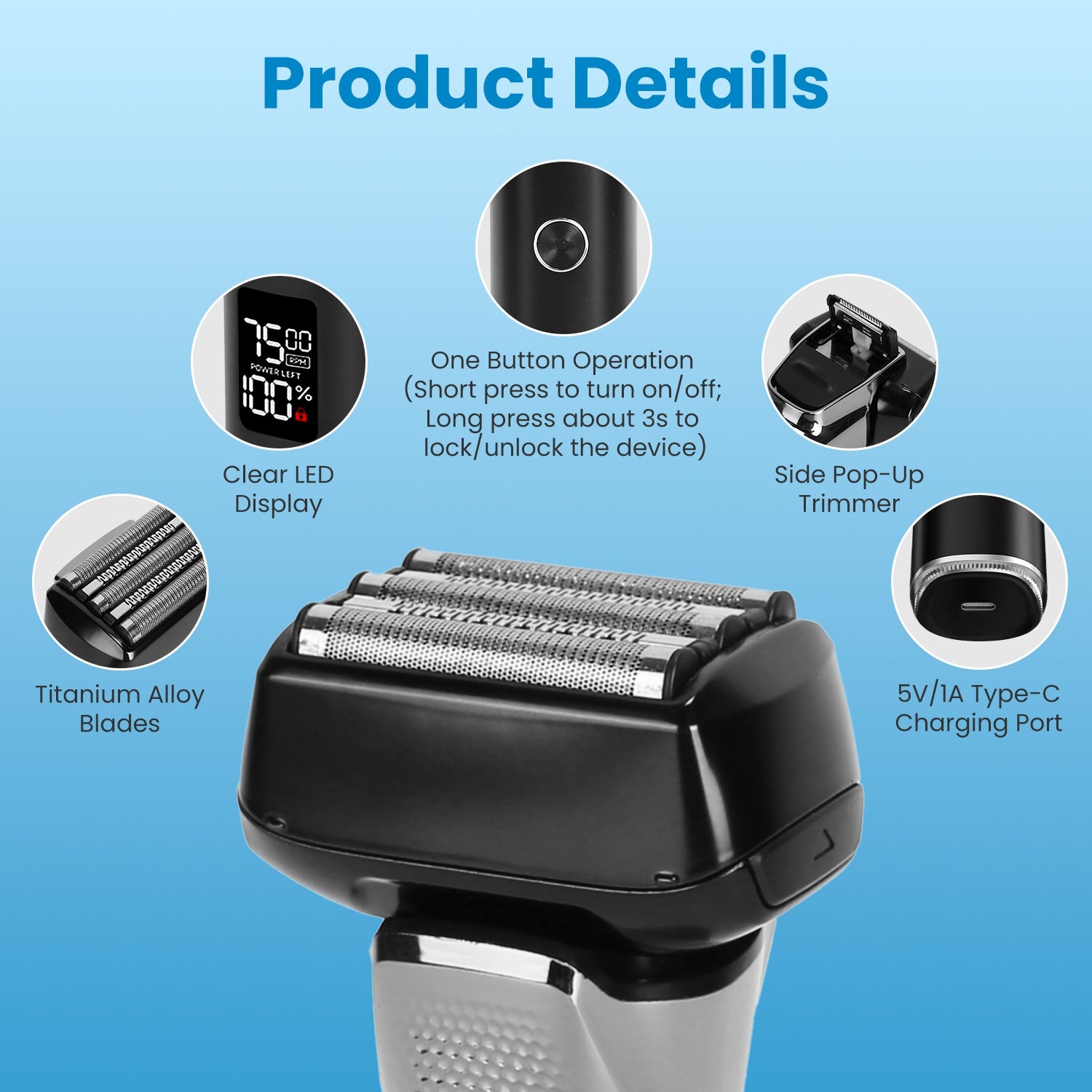 5 Blade Electric Foil Shaver Waterproof Beard Trimmer LED Display