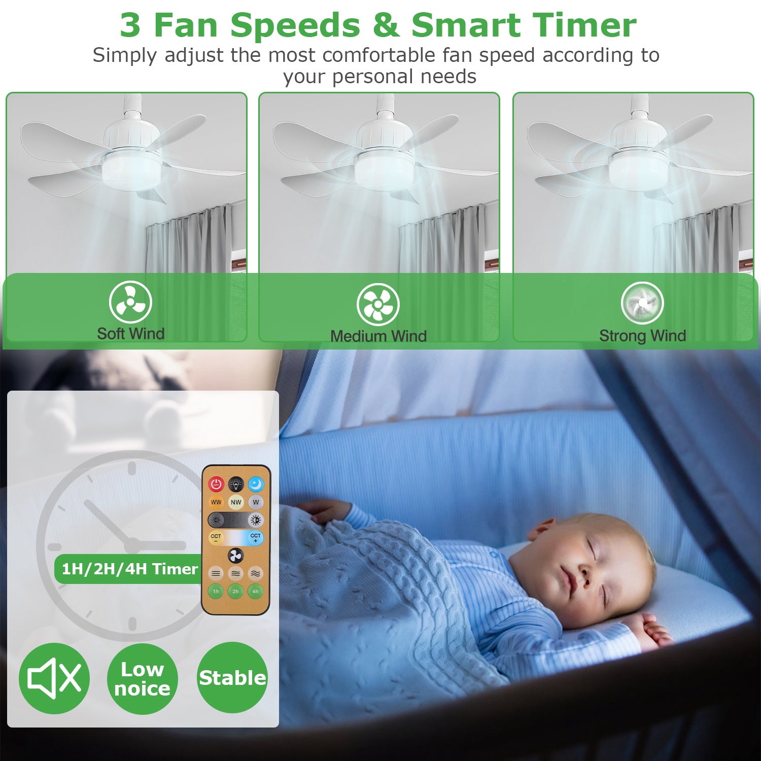 Socket Fan Light E27 Ceiling Fan LED Dimmable Remote Timer