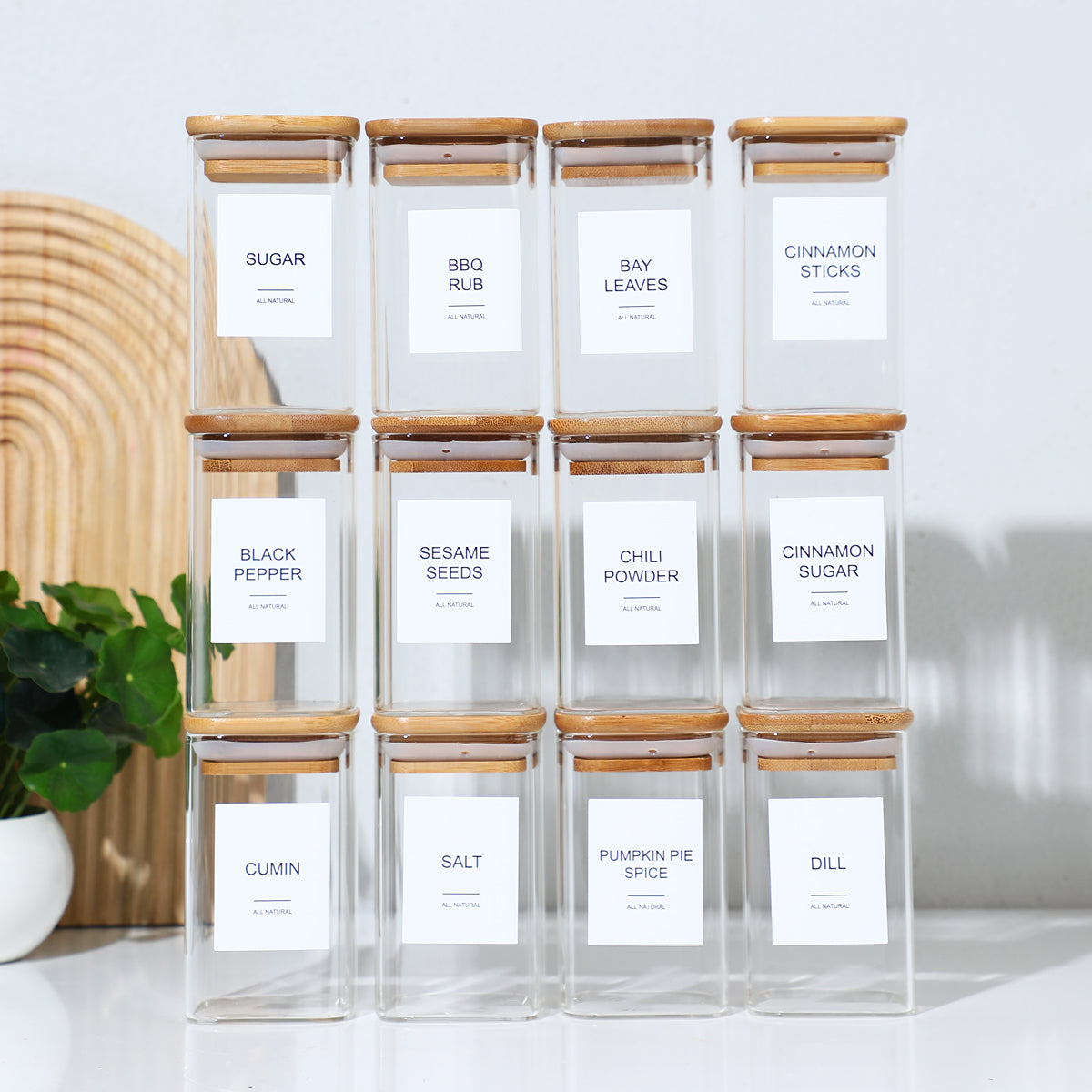 12Pcs Square Spice Jars Set with 72 Labels for Kitchen
