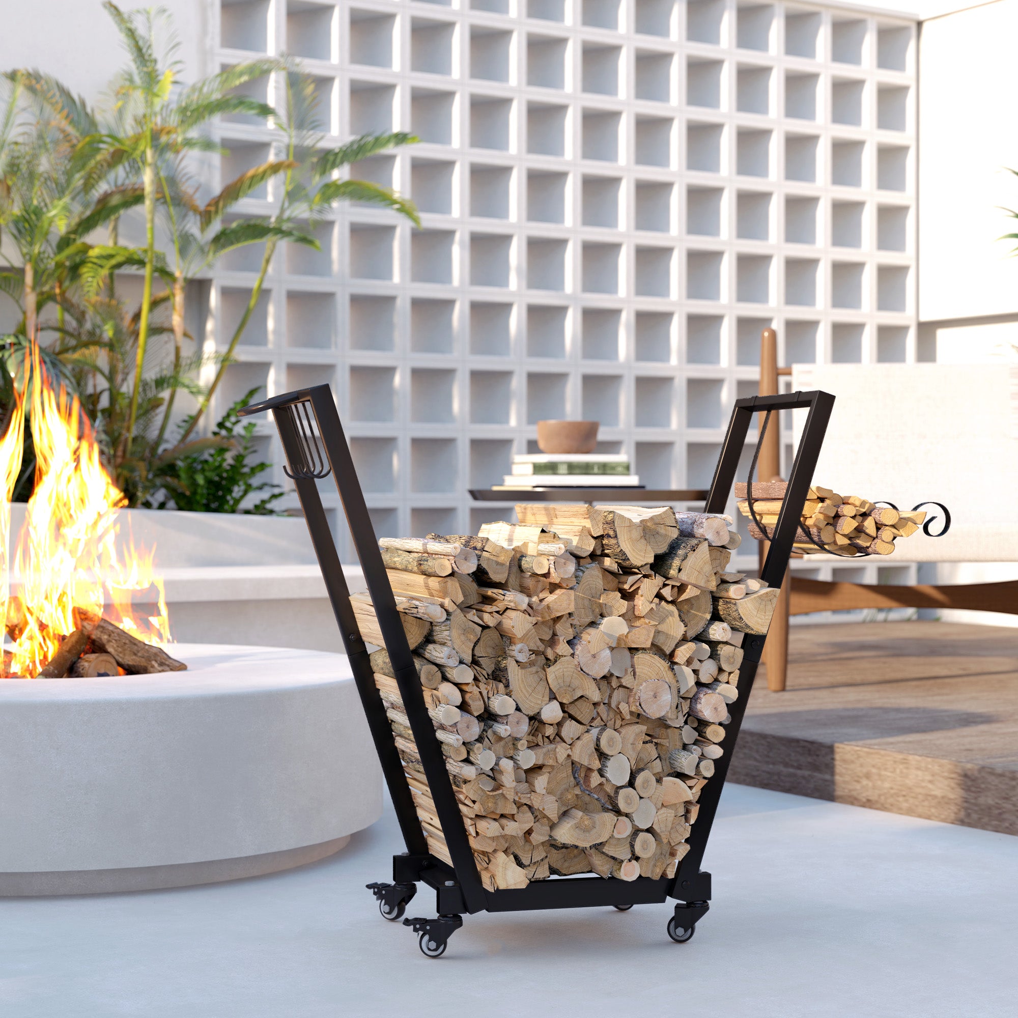 Firewood Rack with Wheels Metal Log Holder with Hooks
