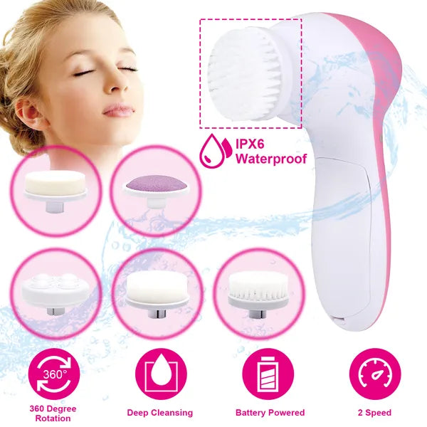 Waterproof Facial Cleansing Brush with 5 Brush Heads for Women