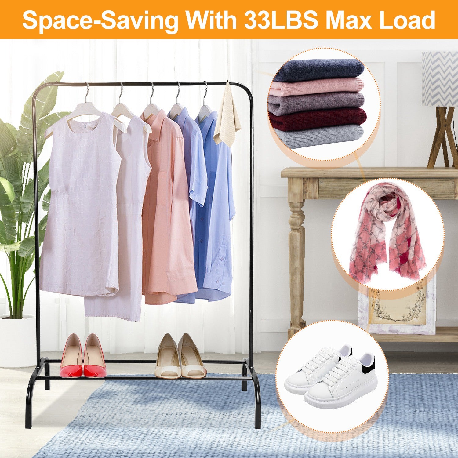 Heavy Duty Garment Rack with Shelf Freestanding Clothes Organizer