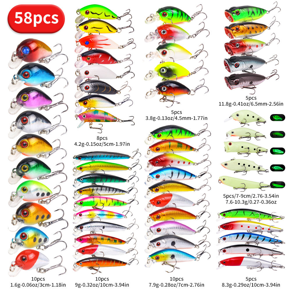 22/58/102pcs Fishing Lure Kit Topwater Floating Bass Set