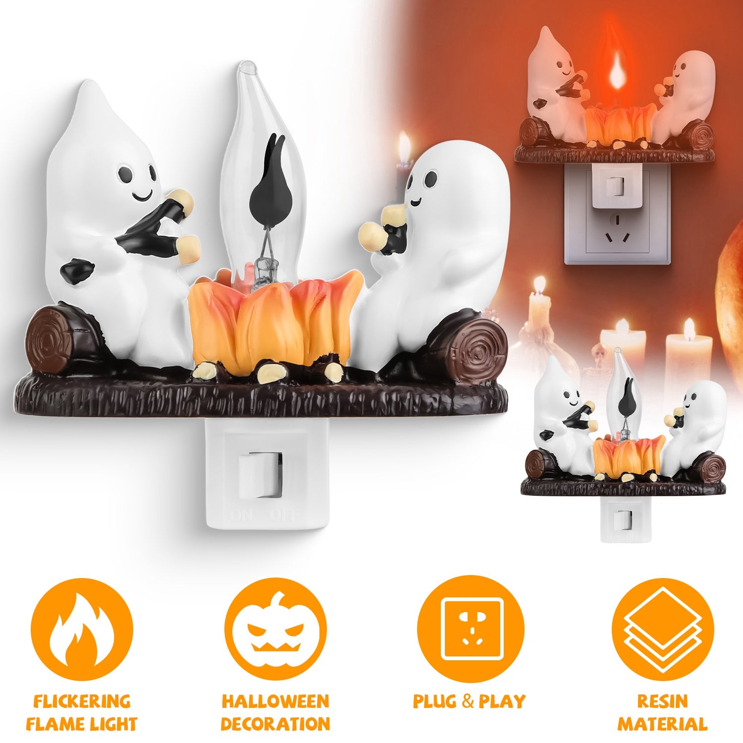 Ghost Campfire Night Light Flickering Flame Halloween Decor Set