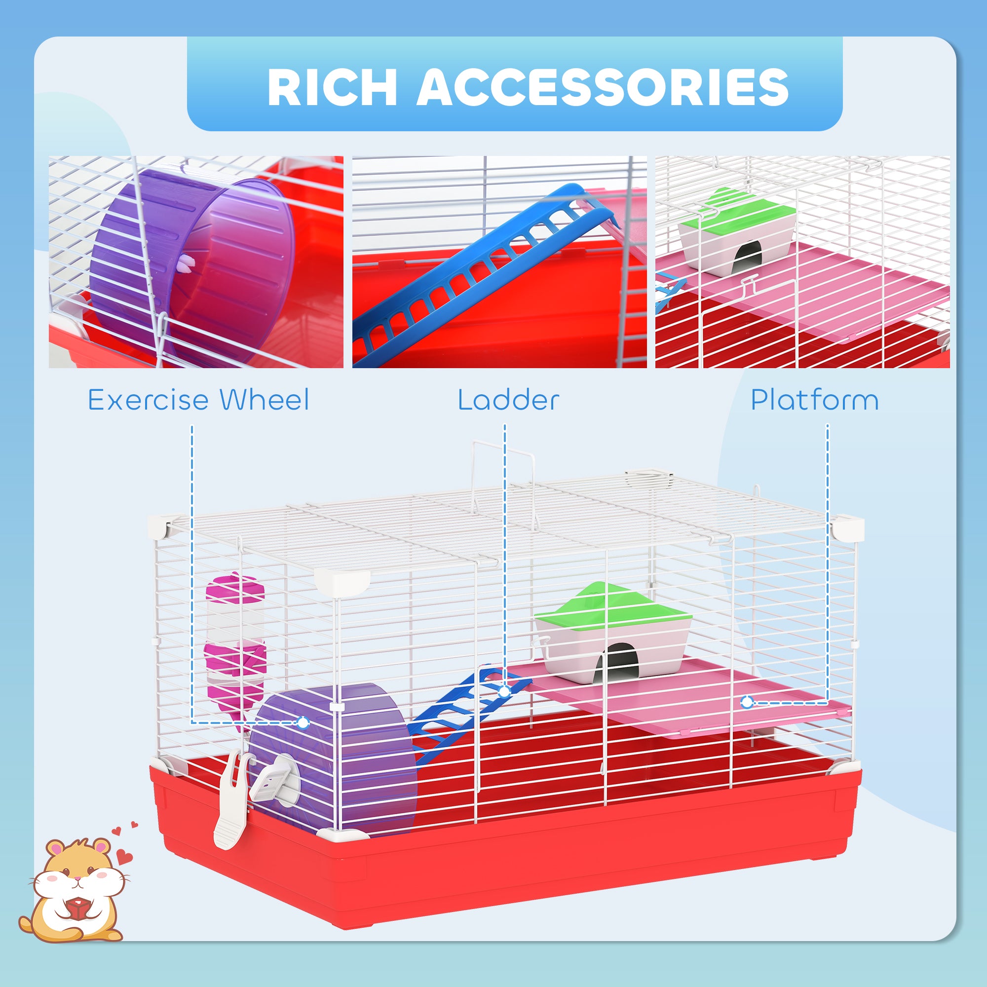 18.5-Inch 2-Story Hamster Cage with Exercise Wheel & Water Bottle – Small Animal Habitat