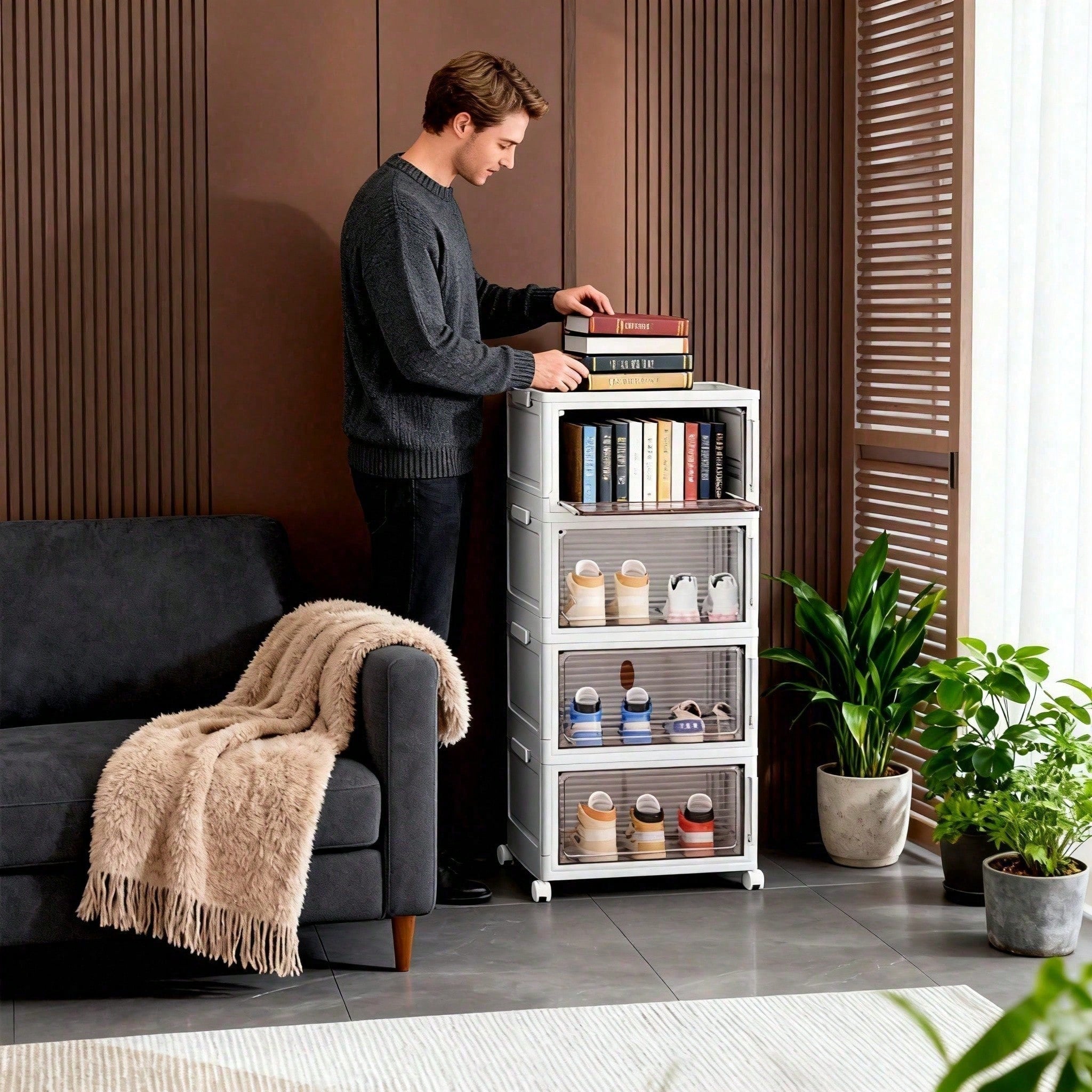 Stackable Shoe Storage Rack Plastic Cabinet Clear Door Organizer