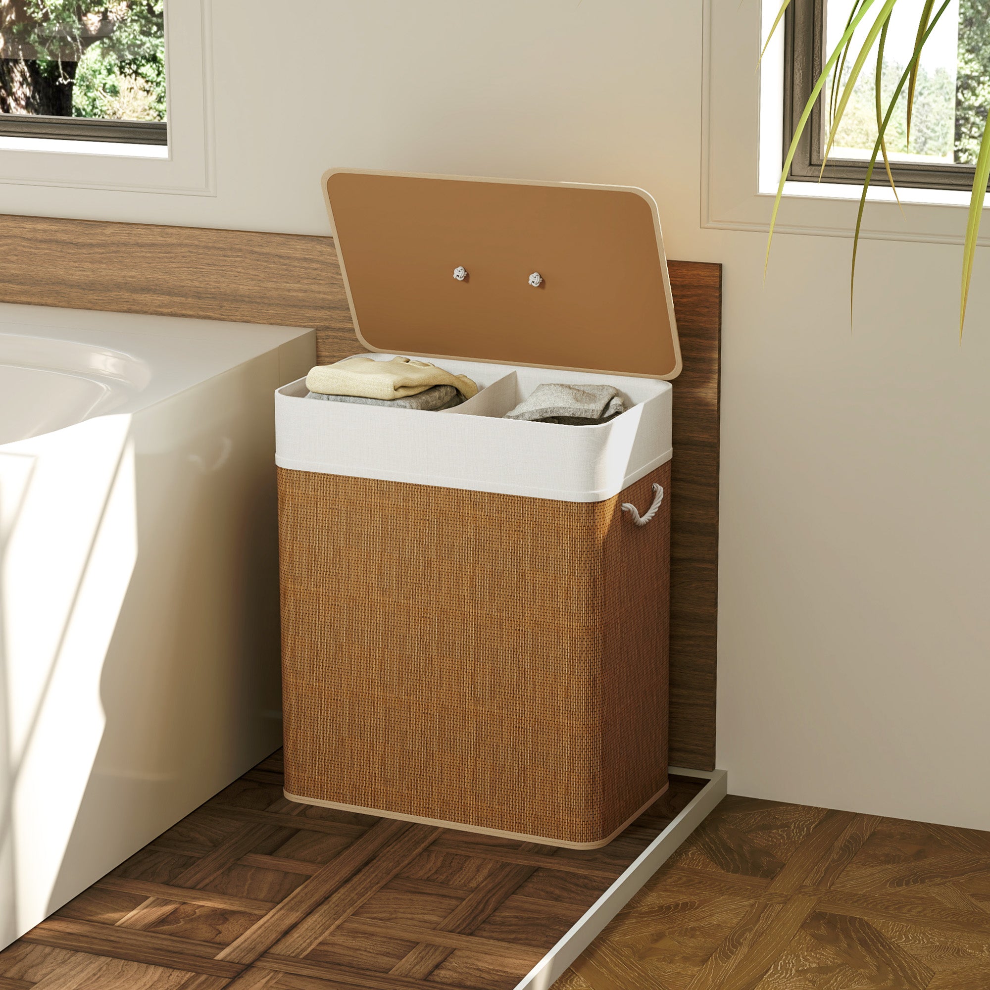 Double Bamboo Laundry Hamper With Lid Organizer Basket