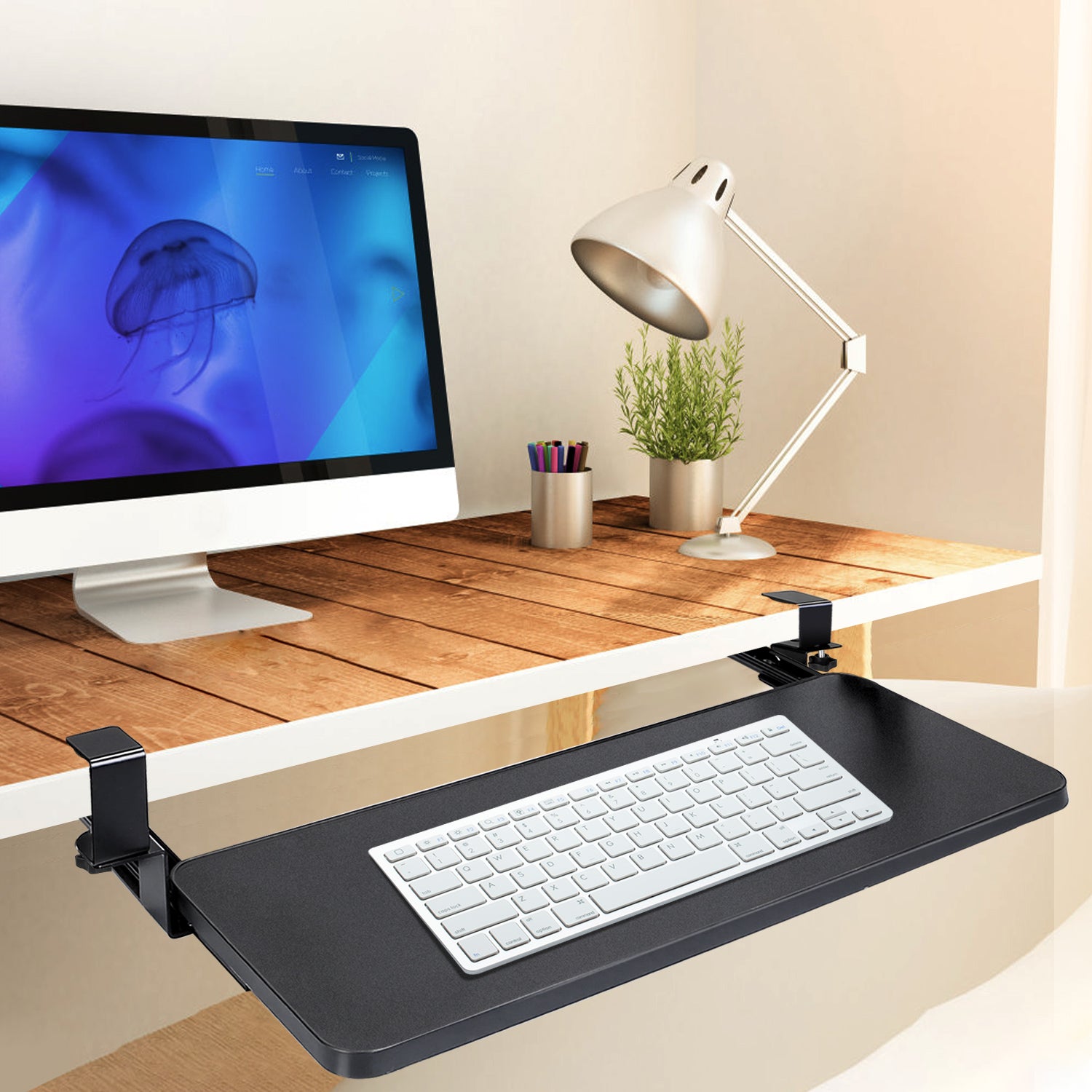 Under Desk Keyboard Tray Retractable Slide Out Drawer Clamp