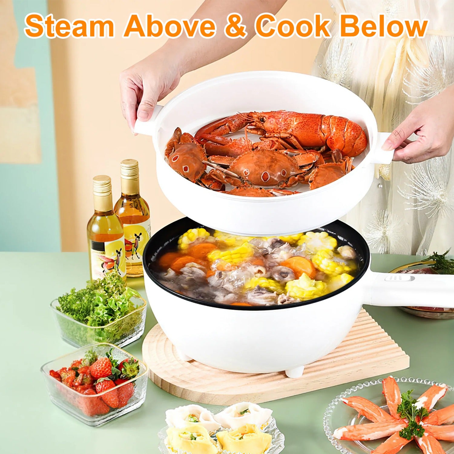 3L Electric Hot Pot with Steamer and Non Stick Coating