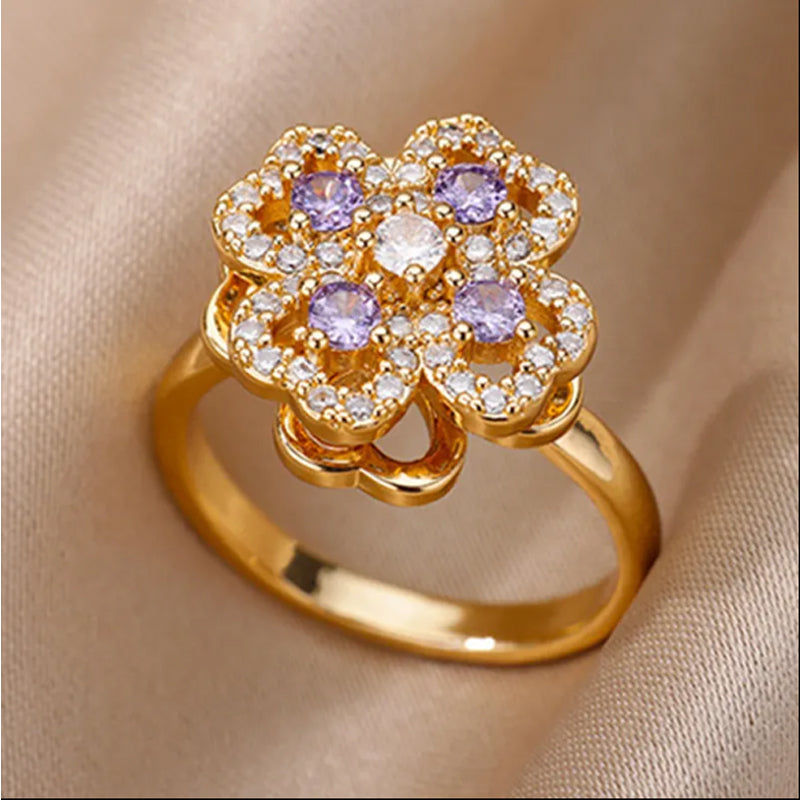 Luxury Golden Clover Rotating Ring – Zircon Adjustable Band