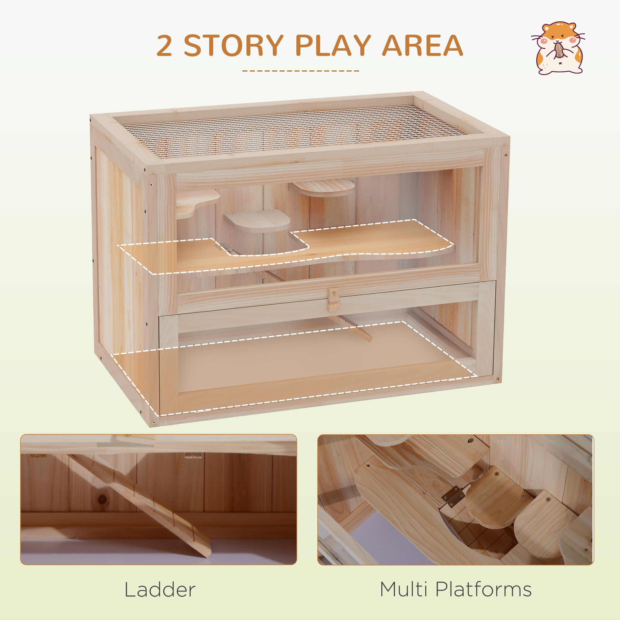 2-Level Small Animal Cage with Ladder & Shelf – Wooden Habitat for Hamsters, Guinea Pigs & Chinchillas