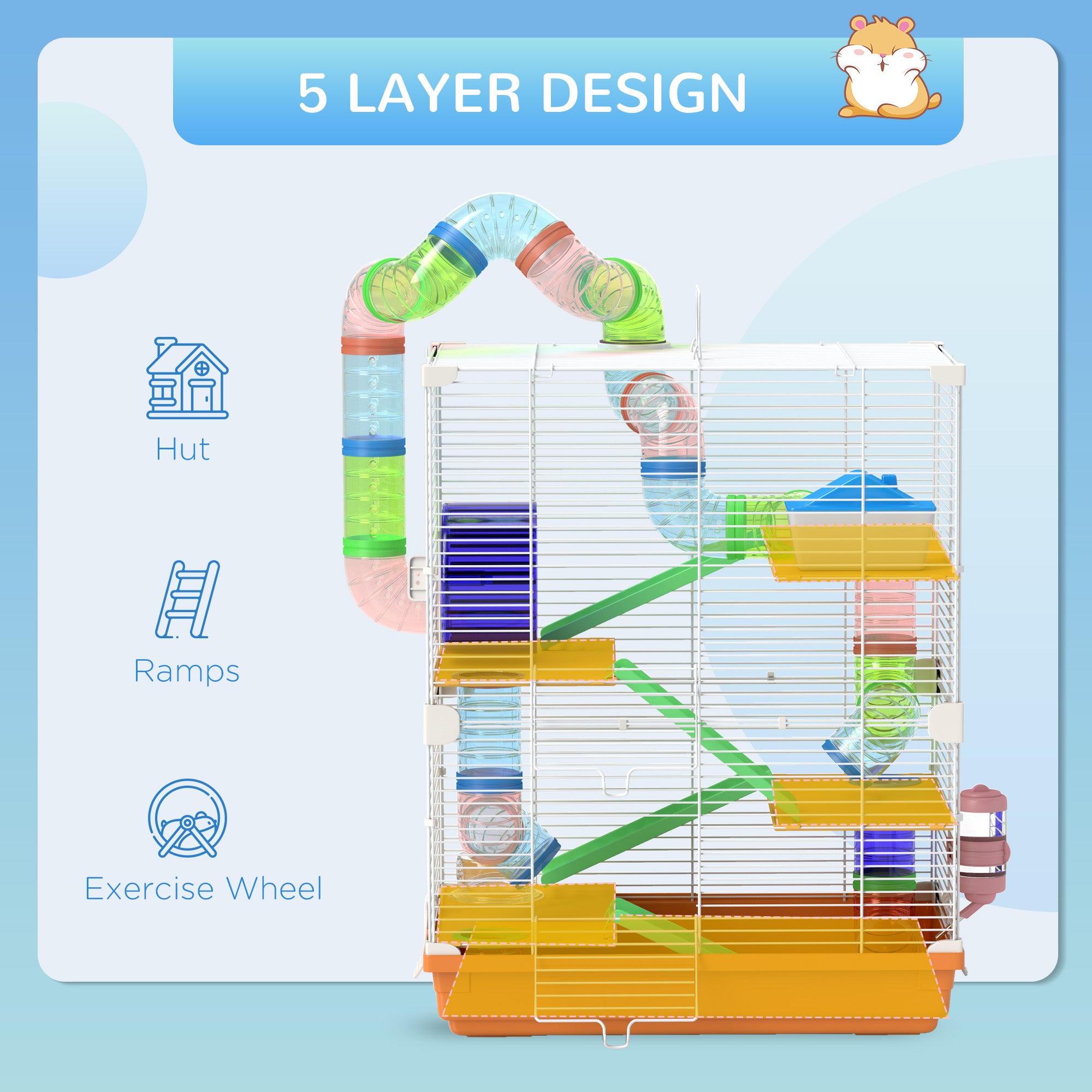 5-Tier Hamster Cage with Exercise Wheel & Tubes – Portable Small Animal Habitat