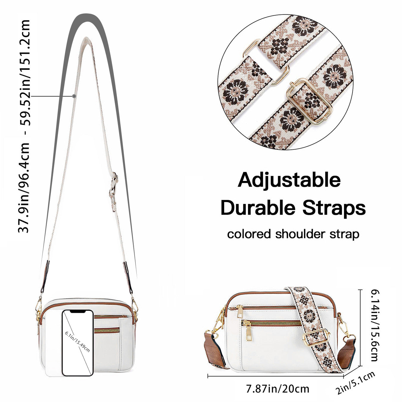 Triple Zipper Shoulder Bag Colorblock Crossbody with Floral Strap for Women