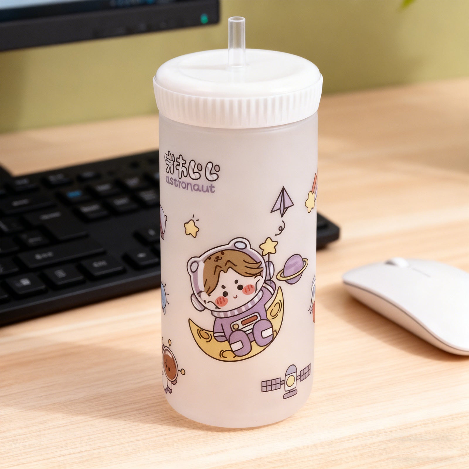 500ml Cartoon Straw Water Bottle White Kids Drink Bottle