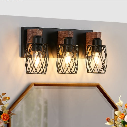 Industrial Vintage Wall Sconce 3 Light Black Cage Wood Accent