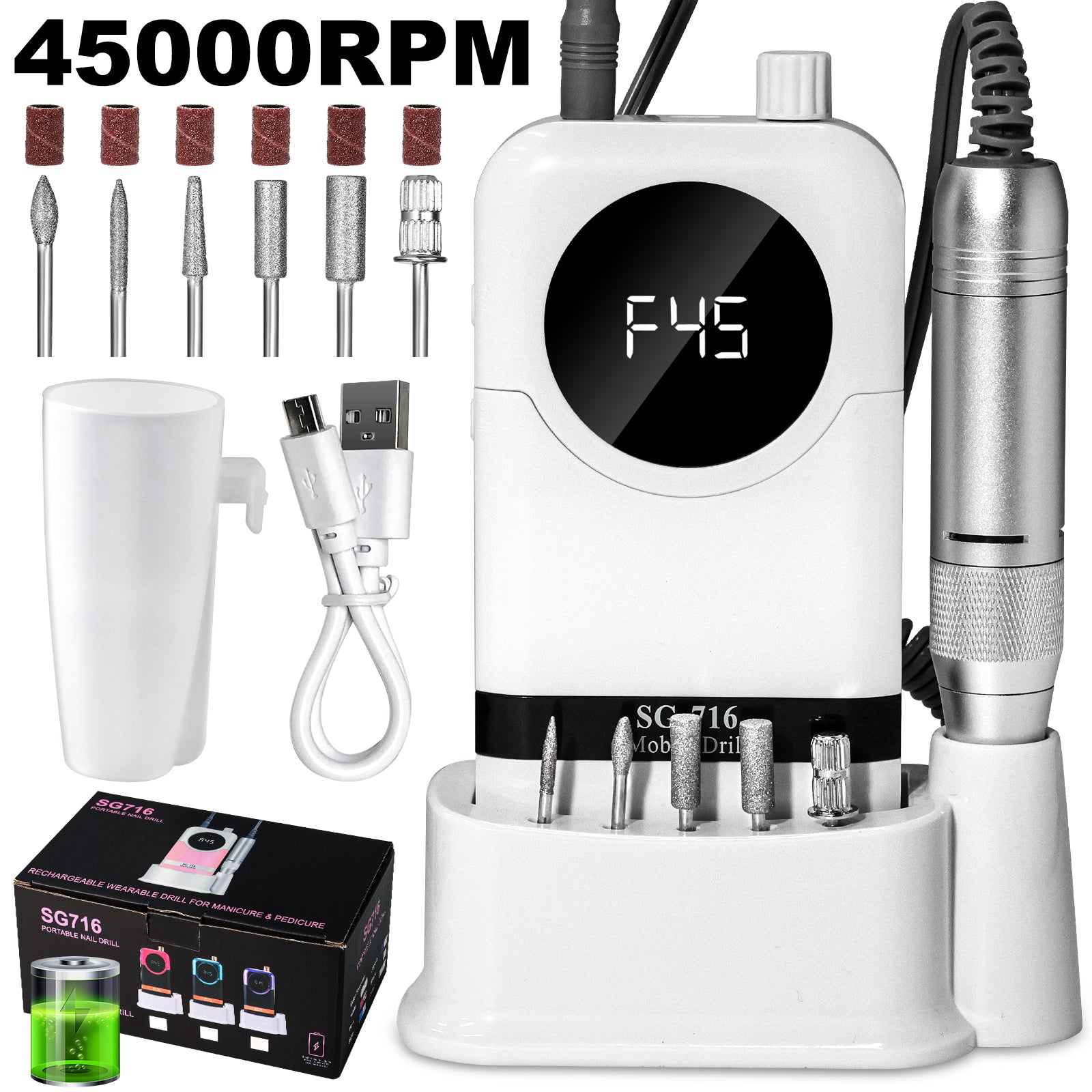 45000 RPM Portable Electric Nail Drill Kit with 6 Bits & LED