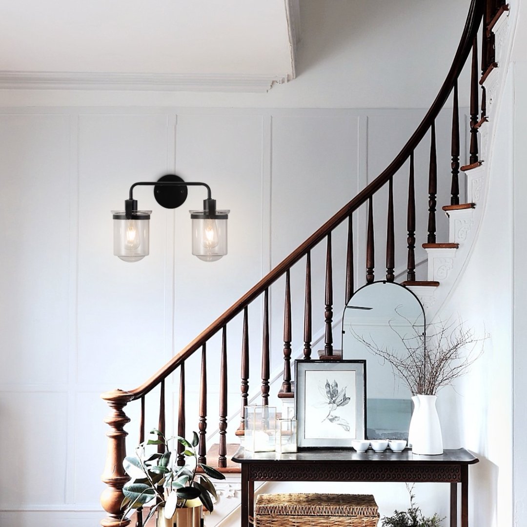 Modern Wall Sconce 2-Light Clear Glass Shade E26 Black Fixture