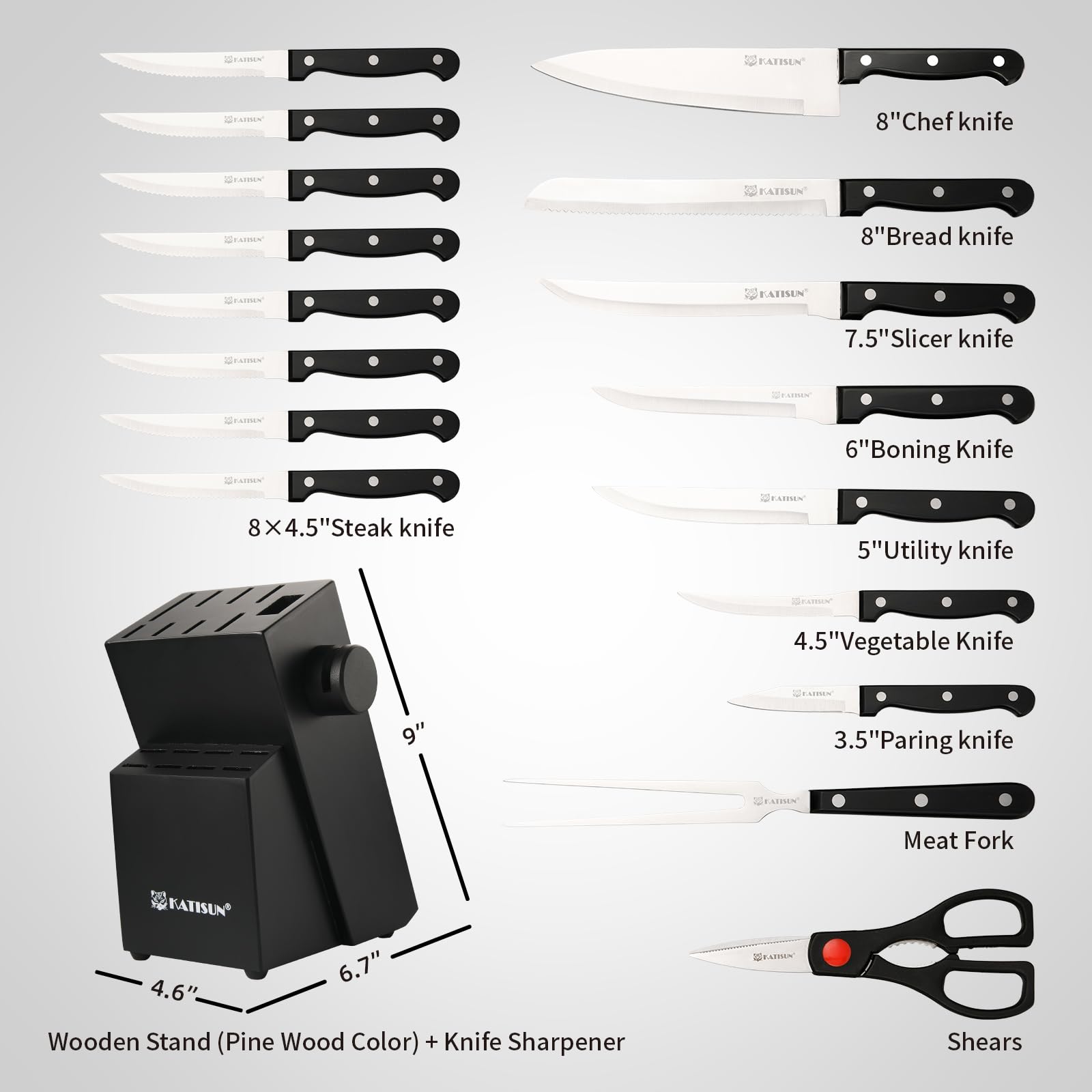 19 Piece Kitchen Knife Set German Steel Block with Built-in Sharpener