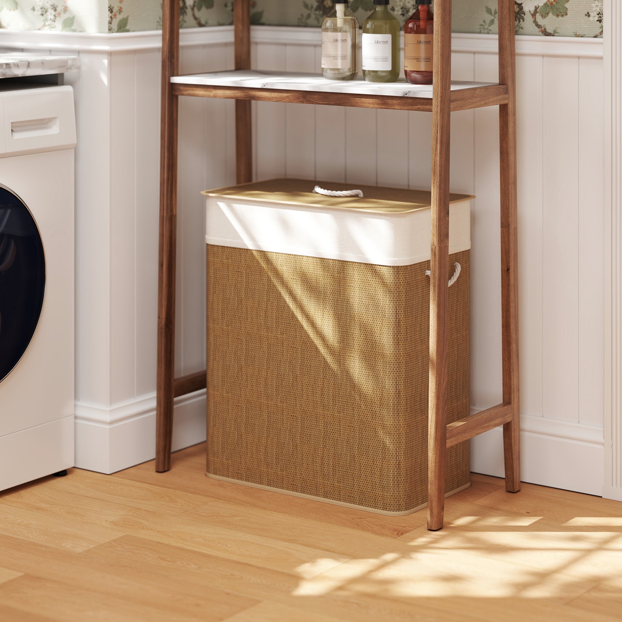Double Bamboo Laundry Hamper With Lid Organizer Basket