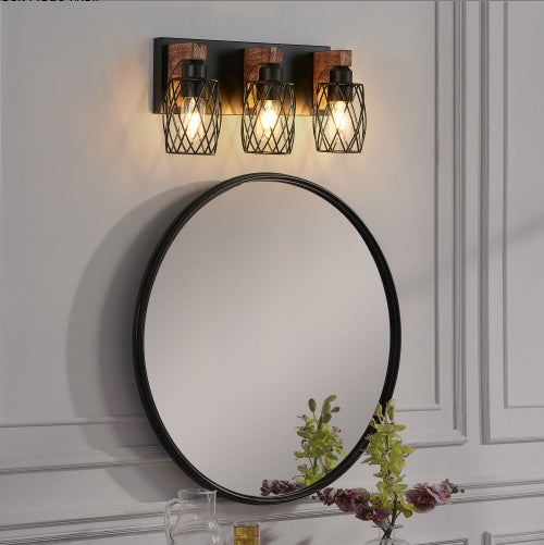 Industrial Vintage Wall Sconce 3 Light Black Cage Wood Accent