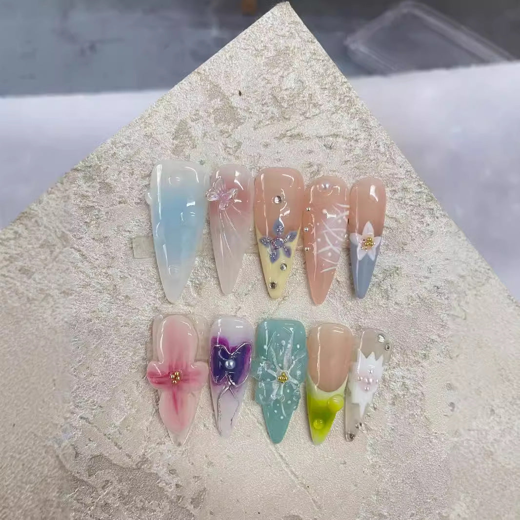 Hand-Painted 3D Elegant Long Armor Press On Nails