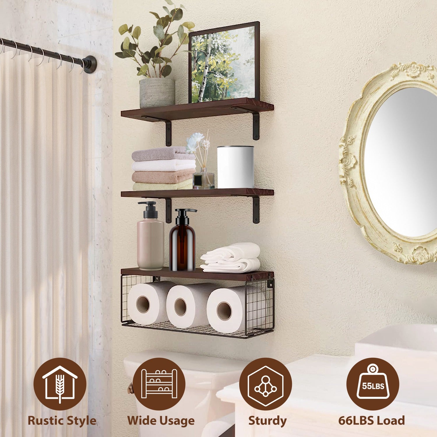 2-in-1 Rustic Floating Shelves with Storage Basket Wall Mounted