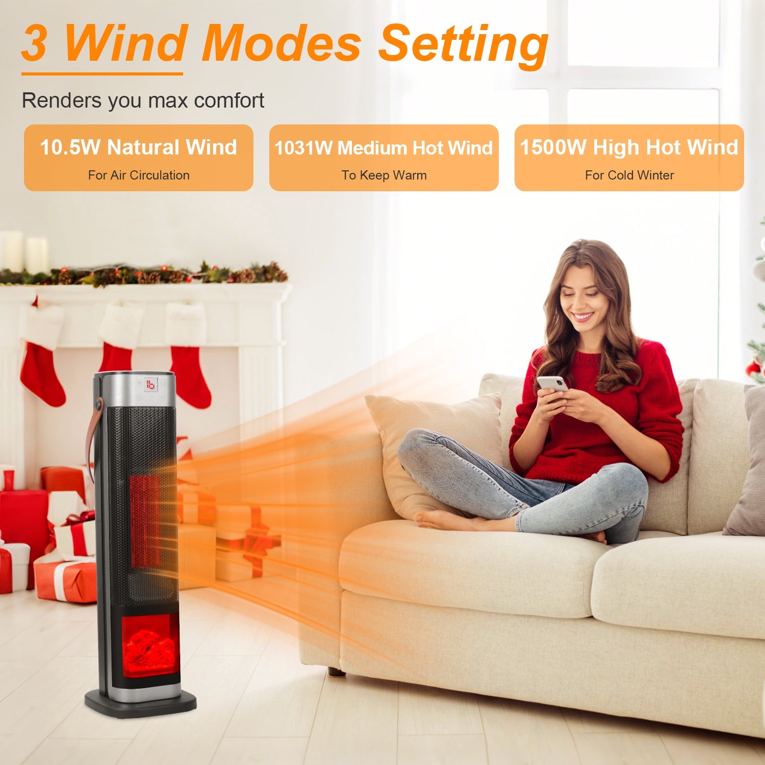 1500W Oscillating Tower Space Heater with Flame Remote Control