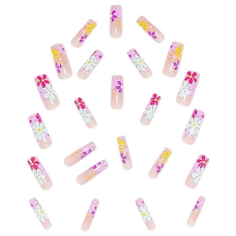 24PCS Long Flat Flower Square Press On Fake Nails
