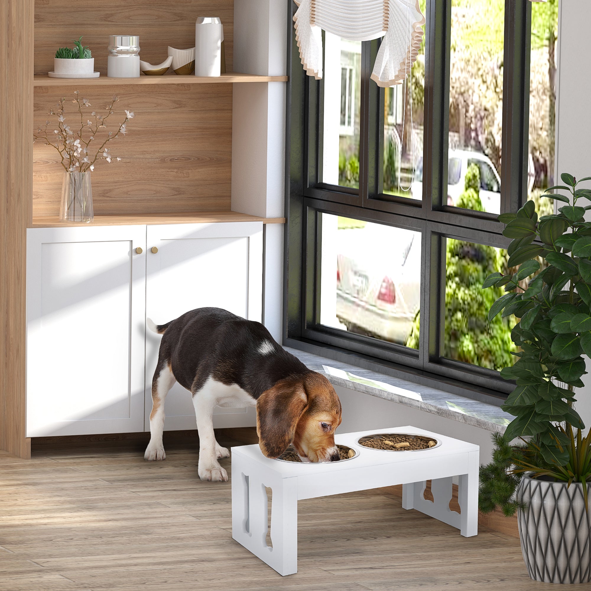 Modern Wooden Elevated Dog Bowls Decorative Raised Feeding Station