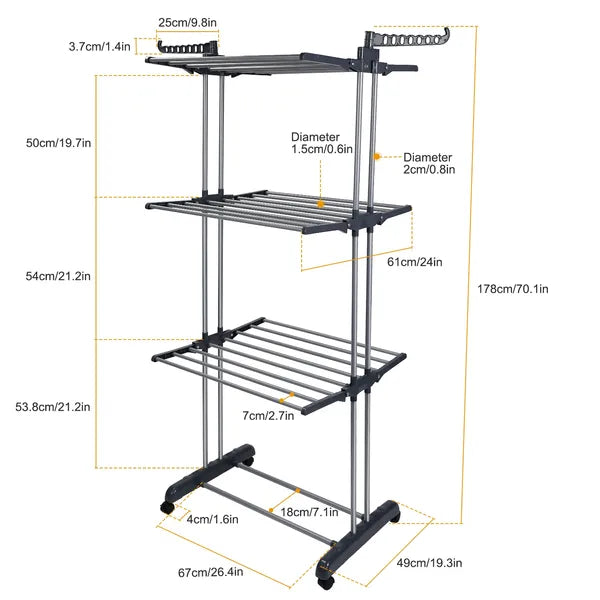 3-Tier Rolling Clothes Drying Rack Foldable Laundry Stand