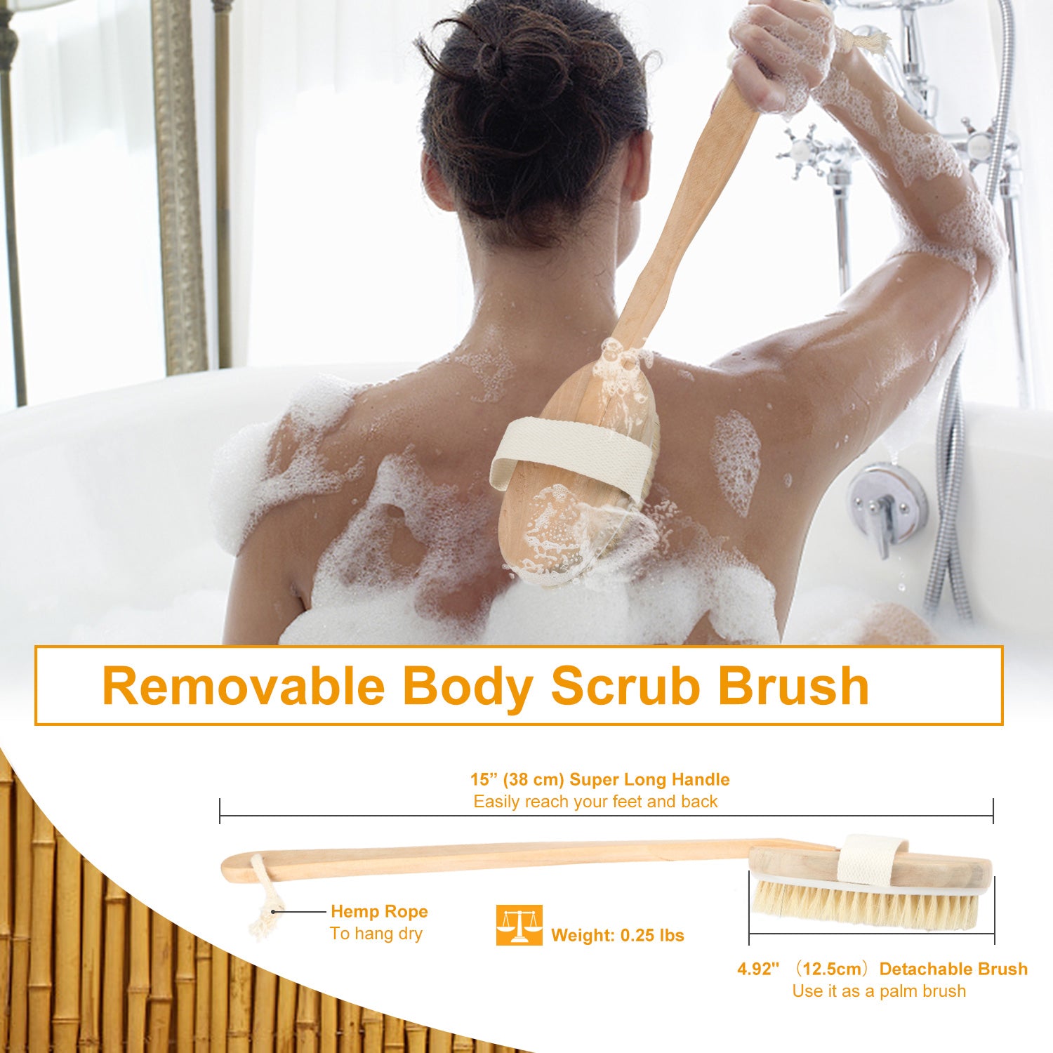 Long Handle Bath Brush Back Scrubber Exfoliating Detox Body Tool