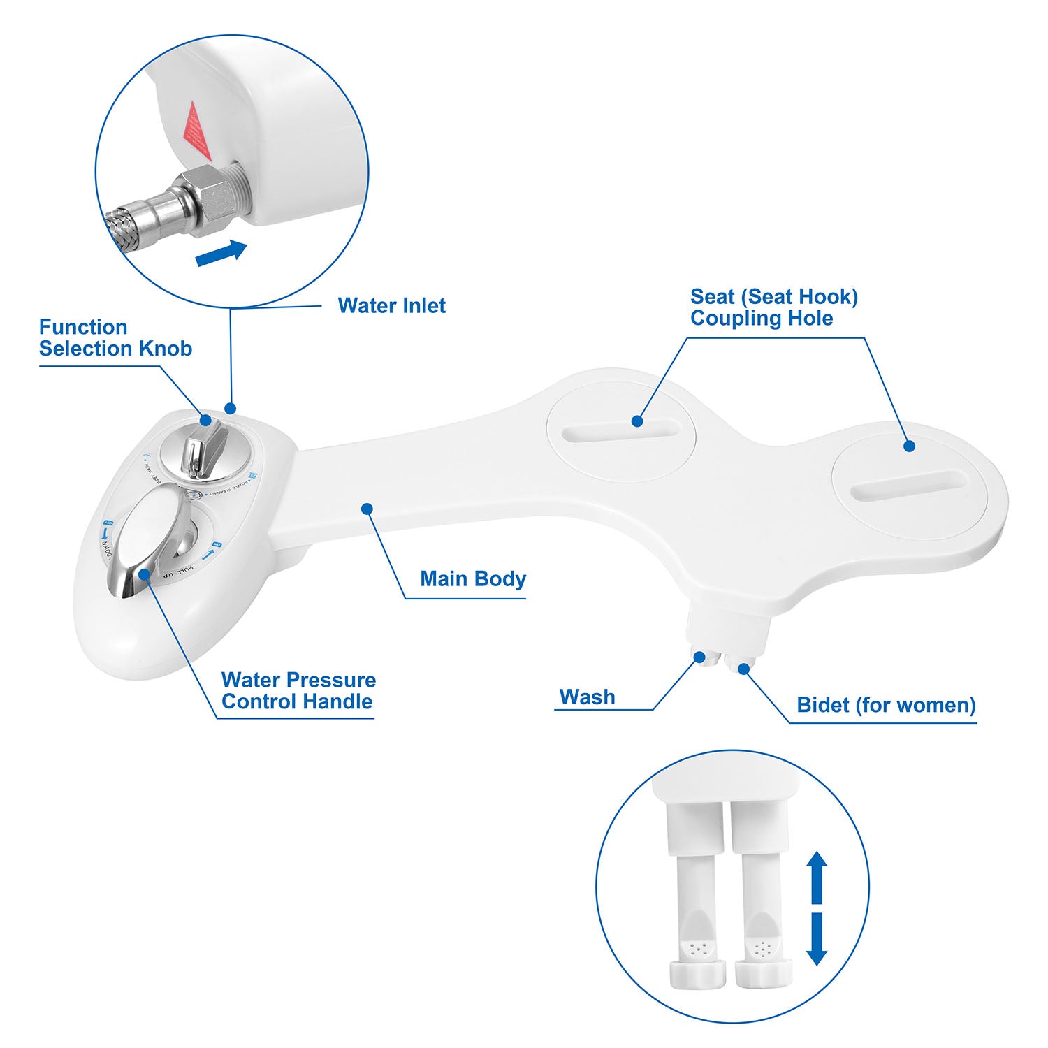 Cold Water Spray Bidet with Dual Nozzle Self Cleaning Toilet Seat Attachment