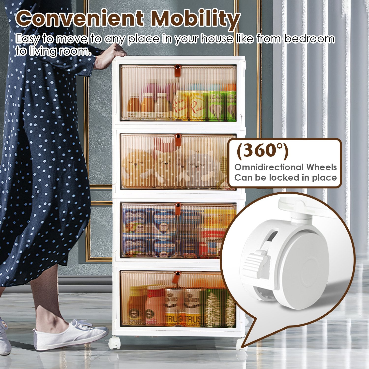 4Pc Foldable Storage Bins with Wheels Stackable Closet Organizer