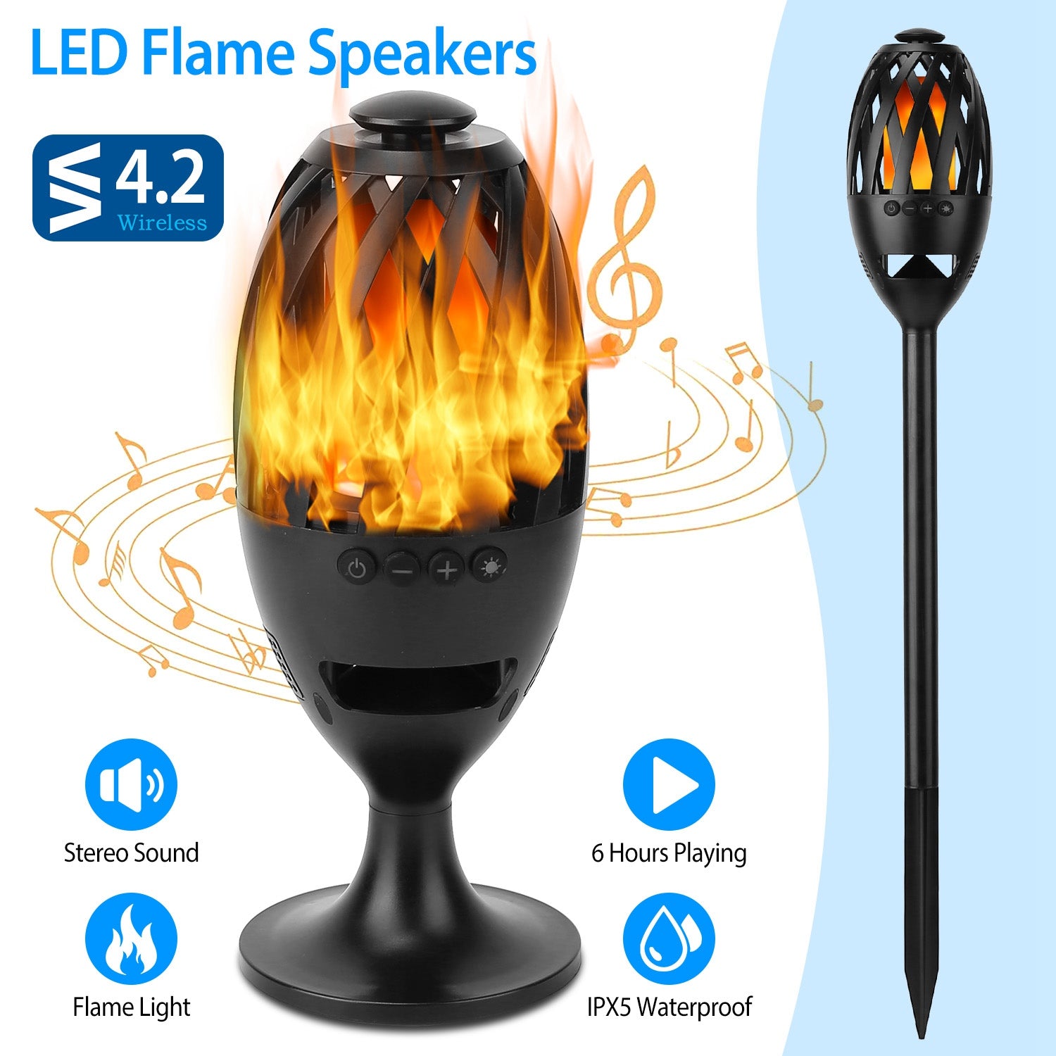 LED Flame Bluetooth Speaker Waterproof Outdoor Torch Light Bass
